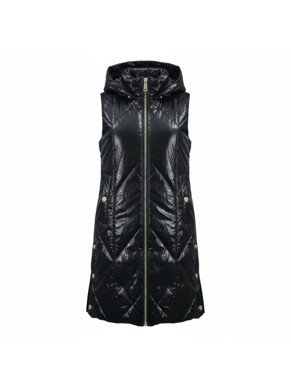 Nikki Jones Women's Full-Zip Long Quilted Metallic Puffer Gold Hoodie Vest XS